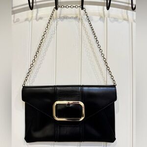 Banana Republic Black Leather Big Buckle Clutch & Evening Purse with Chain.